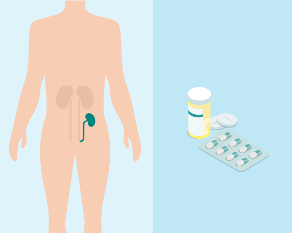 Image of a body with an animation of kidneys showing, and an image of oral medications